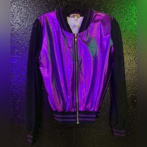 Purple jacket with fishnet sleeves